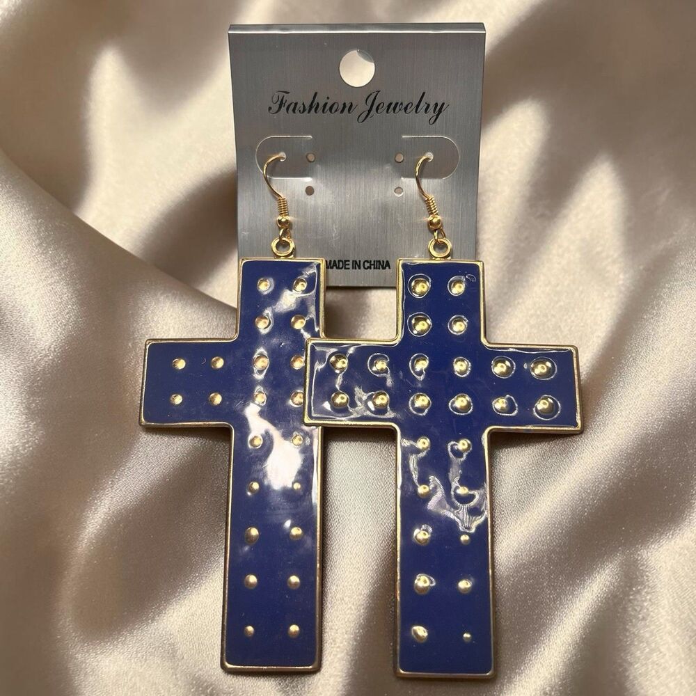 Cross Dangle Drop Earrings Religious Faith Cross Golden Toned Metal Navy Women